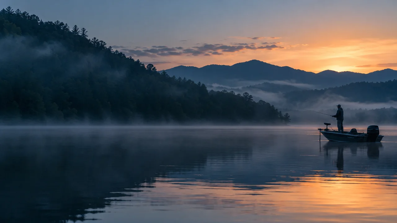 Illustrative dawn scene of an angler on a misty mountain lake